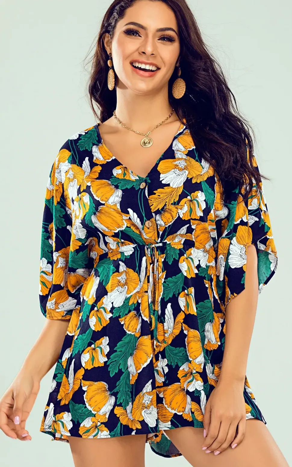 V Neck Playsuit In Navy & Green & Yellow