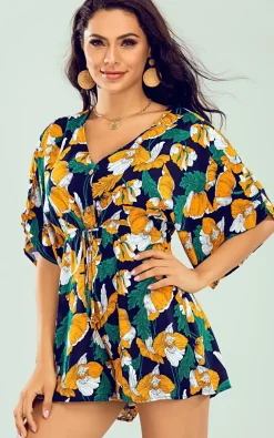 V Neck Playsuit In Navy & Green & Yellow