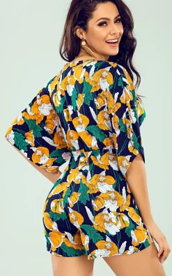 V Neck Playsuit In Navy & Green & Yellow