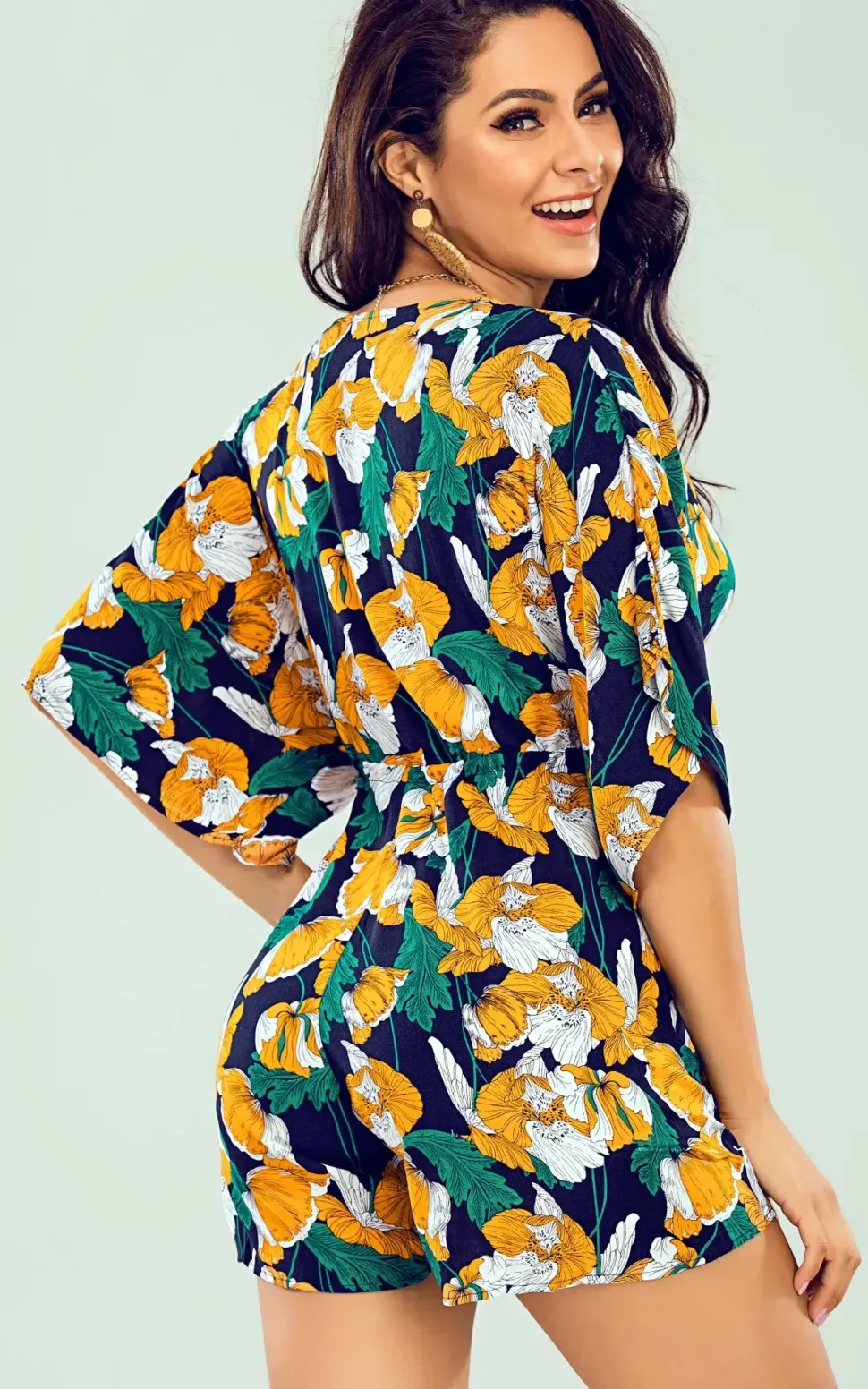 V Neck Playsuit In Navy & Green & Yellow