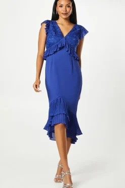 V Neck Pleated Ruffle Georgette Midi Wedding Guest Dress