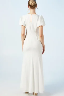 V Neck Puff Sleeve Satin Jacquard Wedding Dress