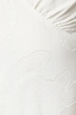 V Neck Puff Sleeve Satin Jacquard Wedding Dress
