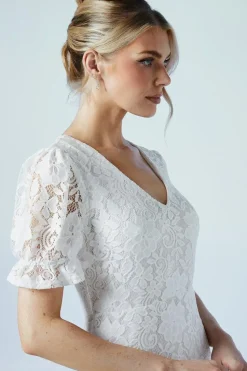 V Neck Puff Sleeve Stretch Lace Wedding Dress