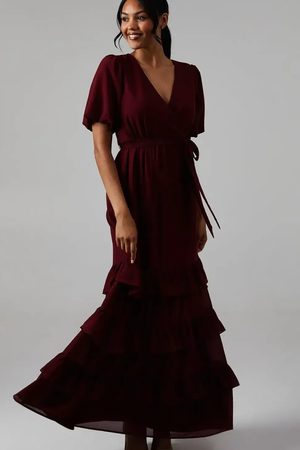 V Neck Puff Sleeve Tiered Georgette Bridesmaids Dress