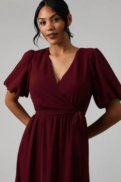 V Neck Puff Sleeve Tiered Georgette Bridesmaids Dress