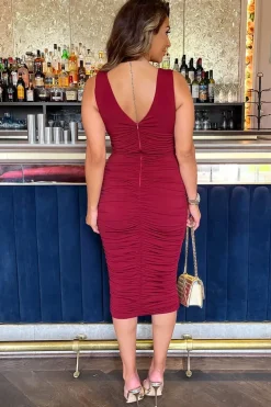 V Neck Ruched Bodycon Midi Dress