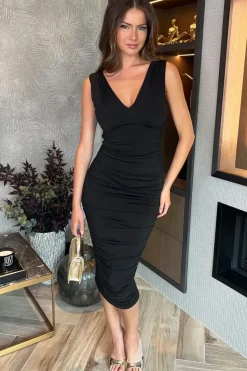 V Neck Ruched Bodycon Midi Dress