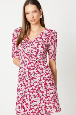V Neck Ruched Front Puff Sleeve Mini Dress