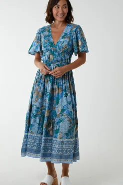 V Neck Ruffle Detail Tiered Midi Dress