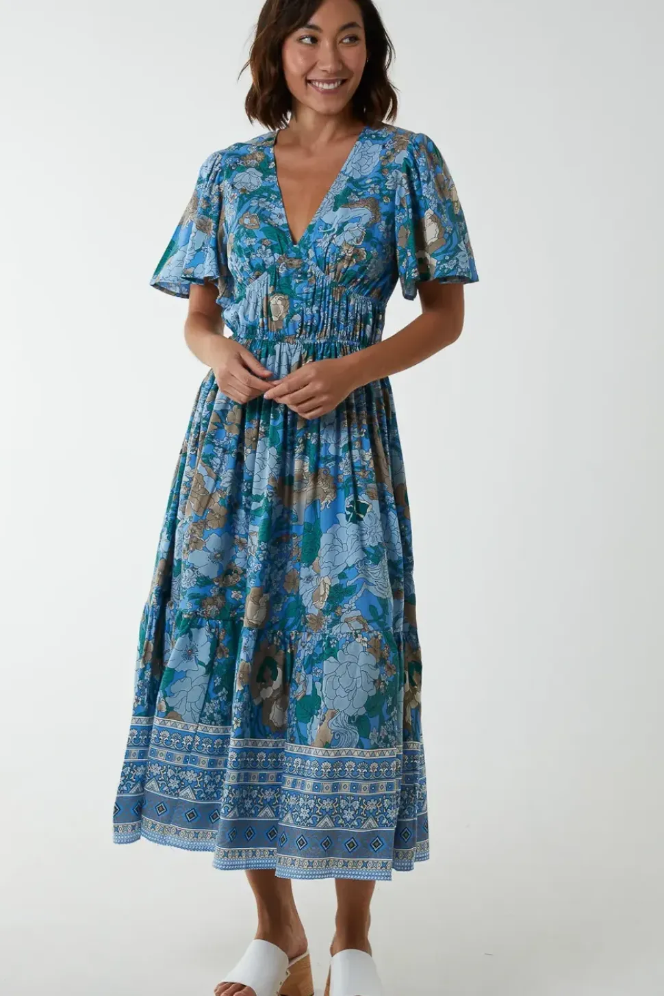 V Neck Ruffle Detail Tiered Midi Dress
