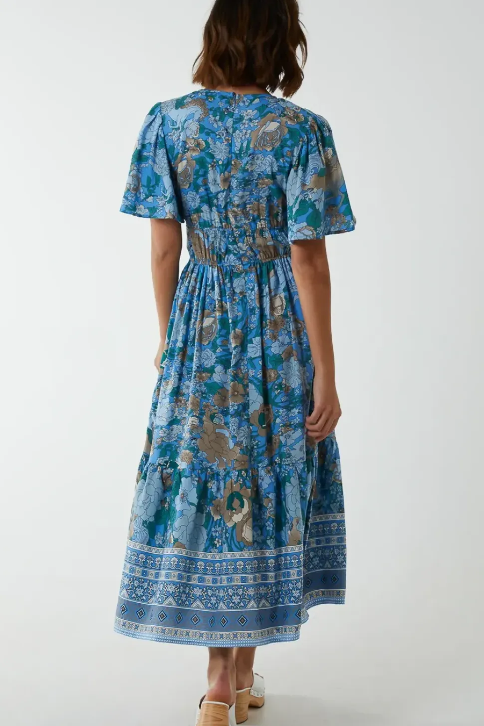 V Neck Ruffle Detail Tiered Midi Dress