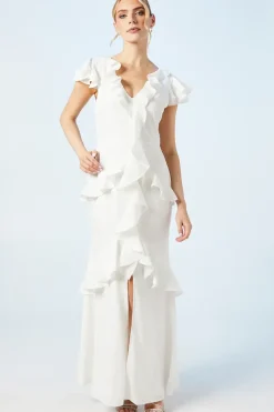 V Neck Ruffle Floral Chiffon Wedding Dress