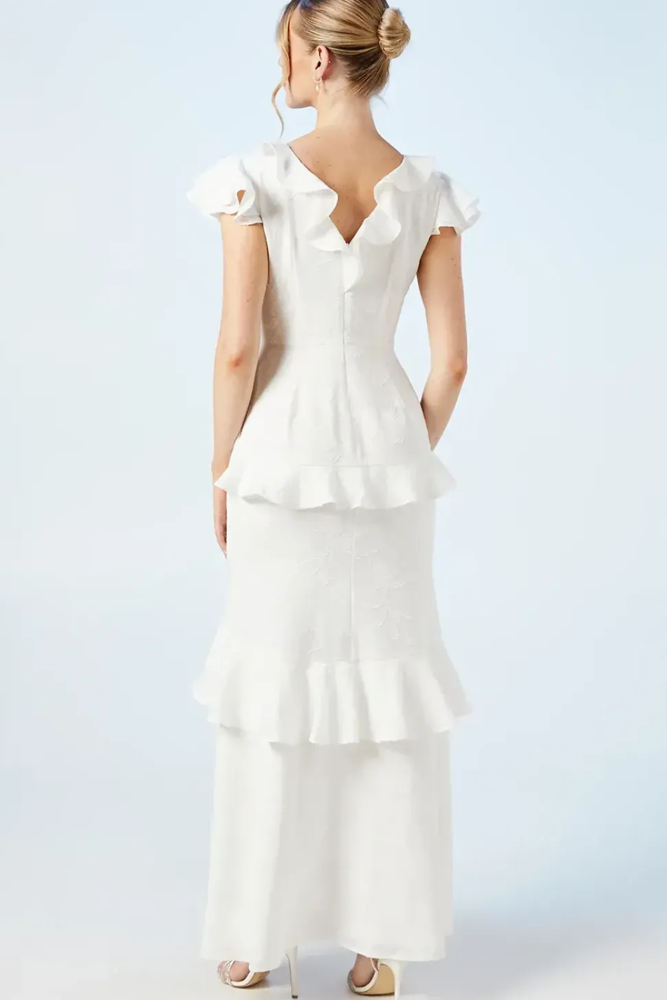 V Neck Ruffle Floral Chiffon Wedding Dress