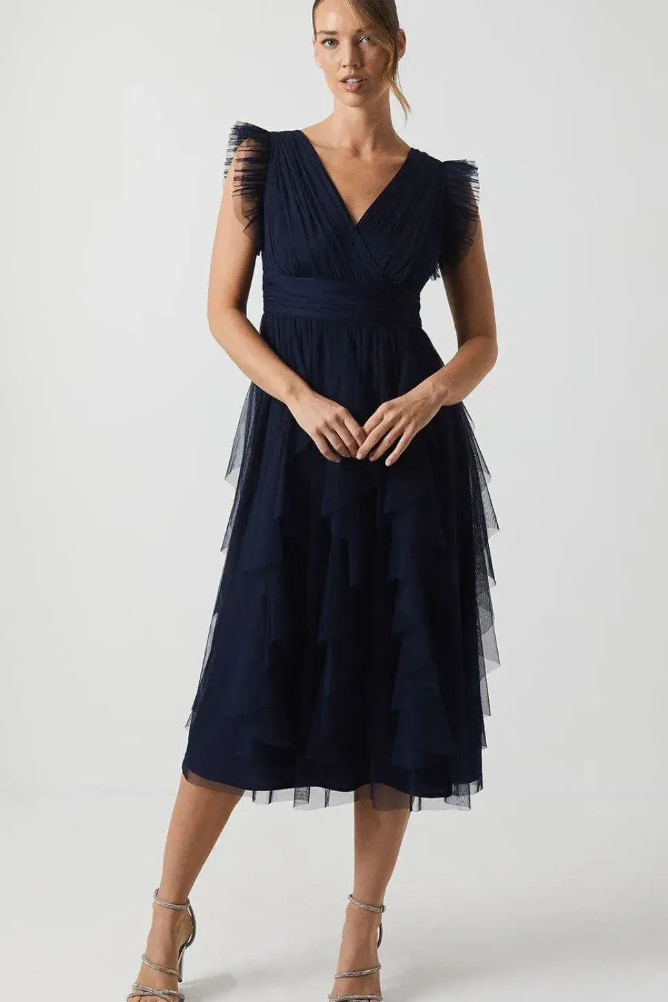 V Neck Ruffle Mesh Bridesmaid Midi Dress
