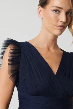 V Neck Ruffle Mesh Bridesmaid Midi Dress