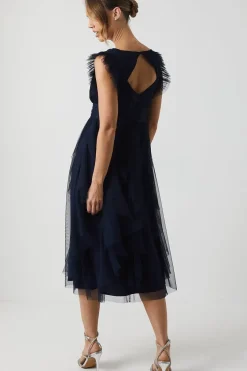 V Neck Ruffle Mesh Bridesmaid Midi Dress