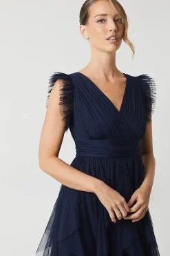 V Neck Ruffle Mesh Bridesmaid Midi Dress
