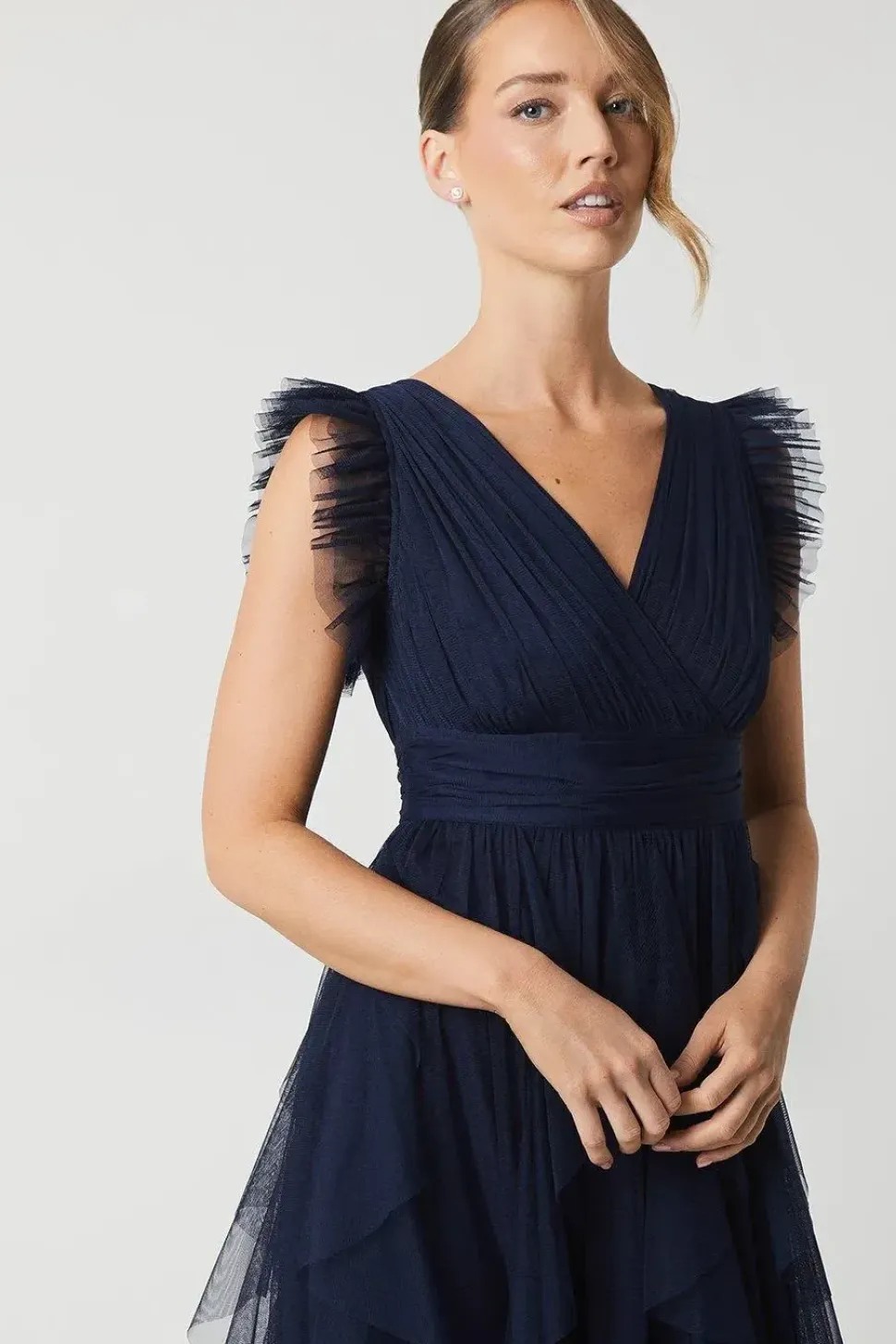V Neck Ruffle Mesh Bridesmaid Midi Dress