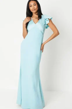 V Neck Ruffle Sleeve Maxi Dress