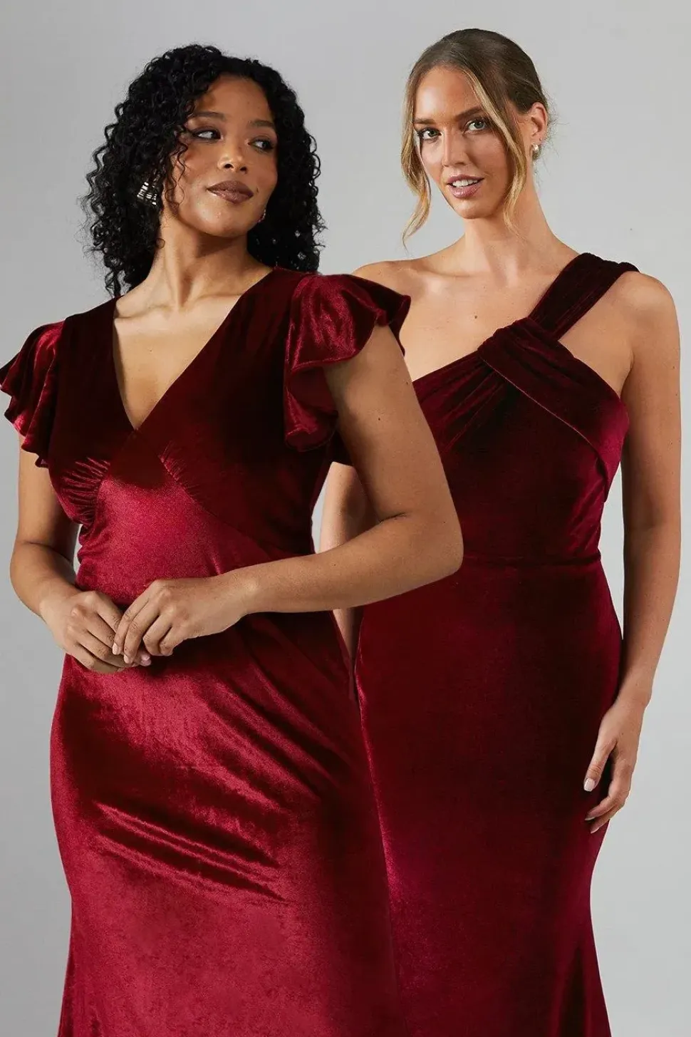 V Neck Ruffle Sleeve Velvet Bridesmaid Dress