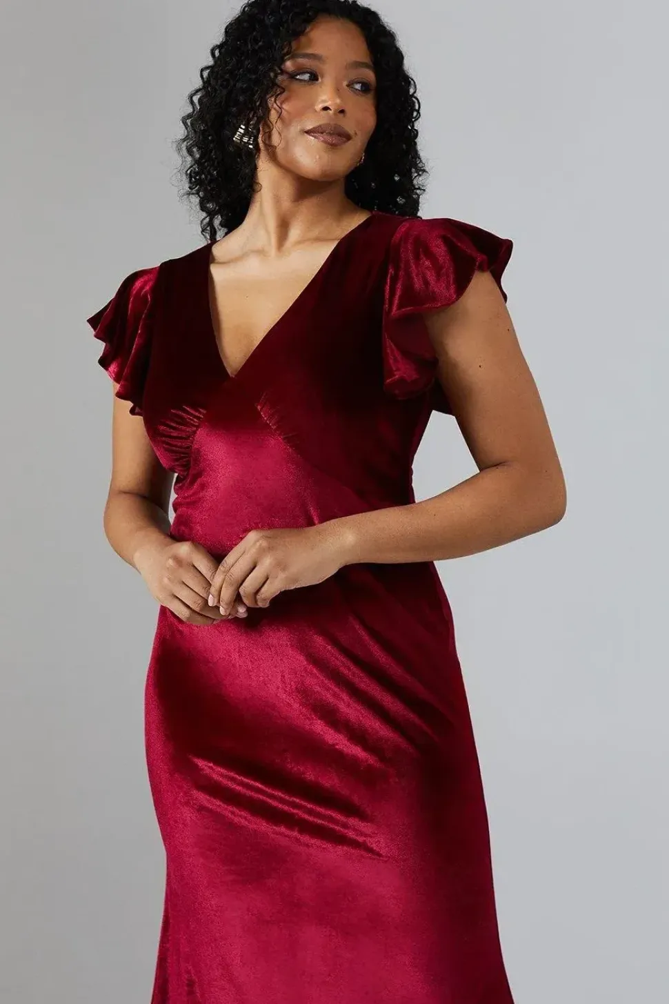 V Neck Ruffle Sleeve Velvet Bridesmaid Dress