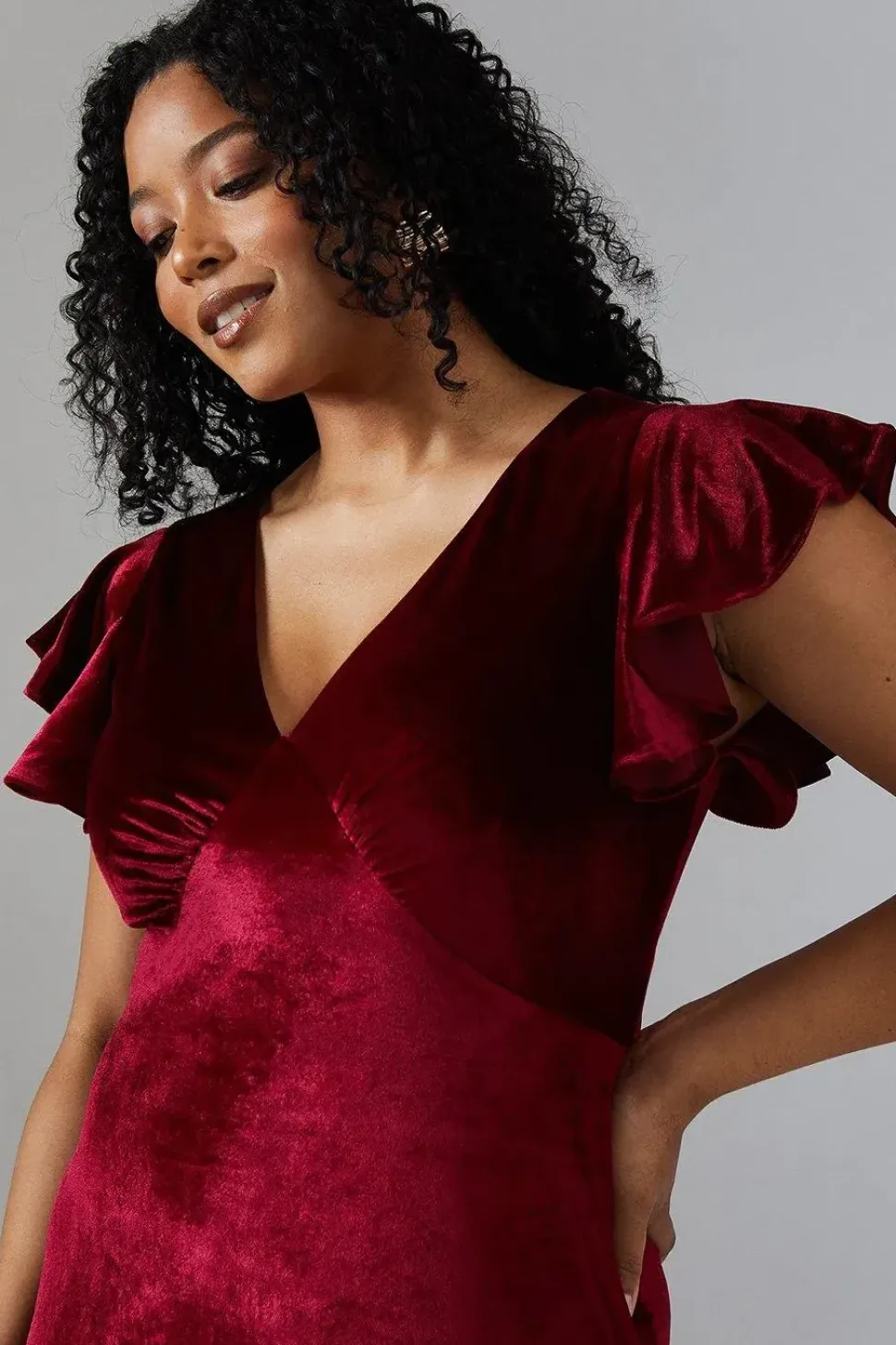 V Neck Ruffle Sleeve Velvet Bridesmaid Dress