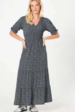 V Neck Shaped Shirred Waist Tiered Midi Dress