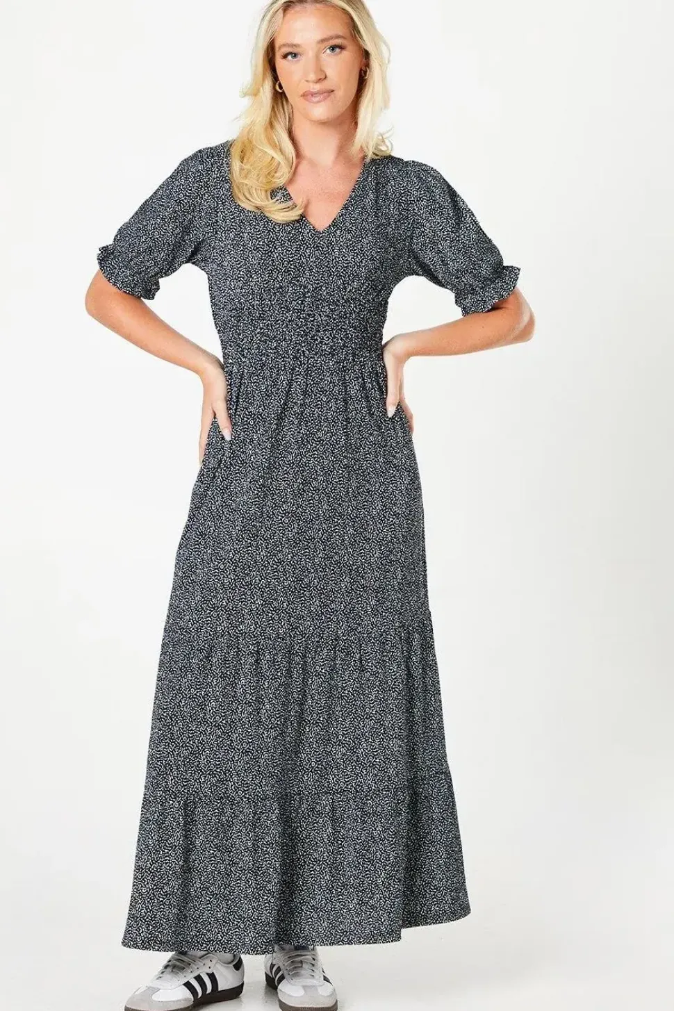 V Neck Shaped Shirred Waist Tiered Midi Dress