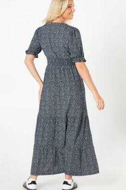 V Neck Shaped Shirred Waist Tiered Midi Dress