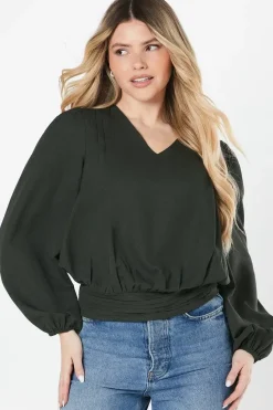 V Neck Shirred Hem Blouse