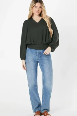 V Neck Shirred Hem Blouse