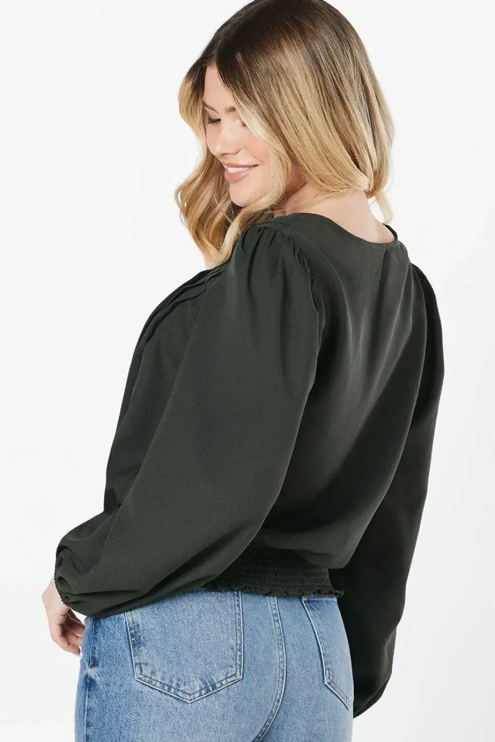 V Neck Shirred Hem Blouse