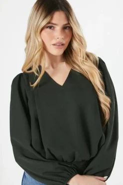 V Neck Shirred Hem Blouse