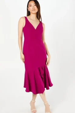 V Neck Sleeveless Peplum Hem Crepe Midi Wedding Guest Dress