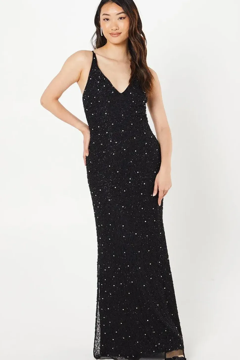V Neck Strappy Beaded Maxi Dress
