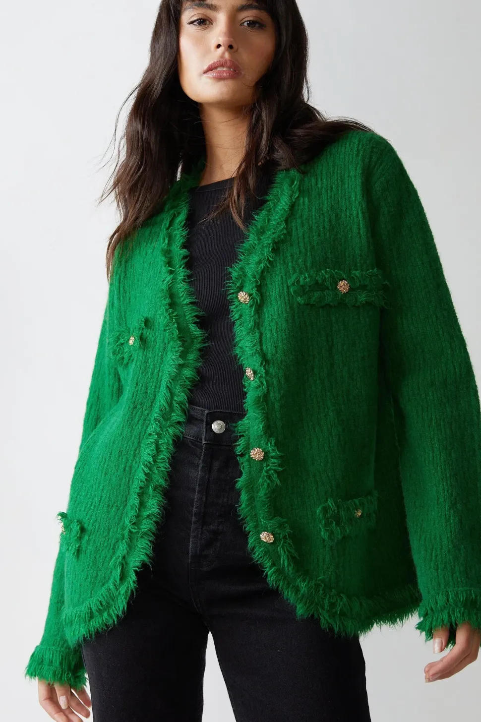 V Neck Tassel Trim Pocket Cardigan