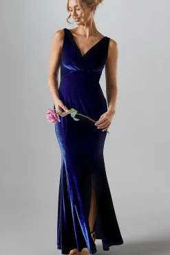 V Neck Tie Back Velvet Bridesmaid Maxi Dress