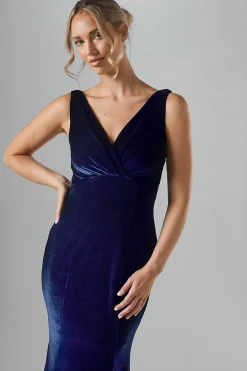 V Neck Tie Back Velvet Bridesmaid Maxi Dress