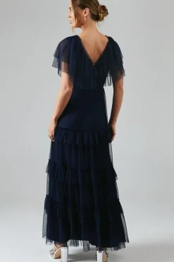 V Neck Tiered Mesh Maxi Bridesmaid Dress