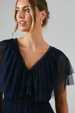 V Neck Tiered Mesh Maxi Bridesmaid Dress