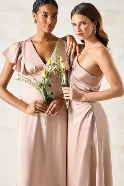 V Neck Waist Detail Satin Bridesmaids Dress