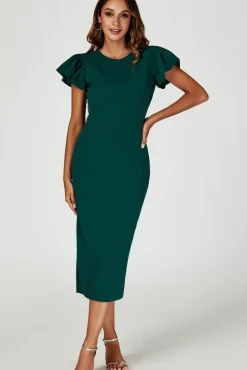 Volume Sleeve Bodycon Midi Dress In Green