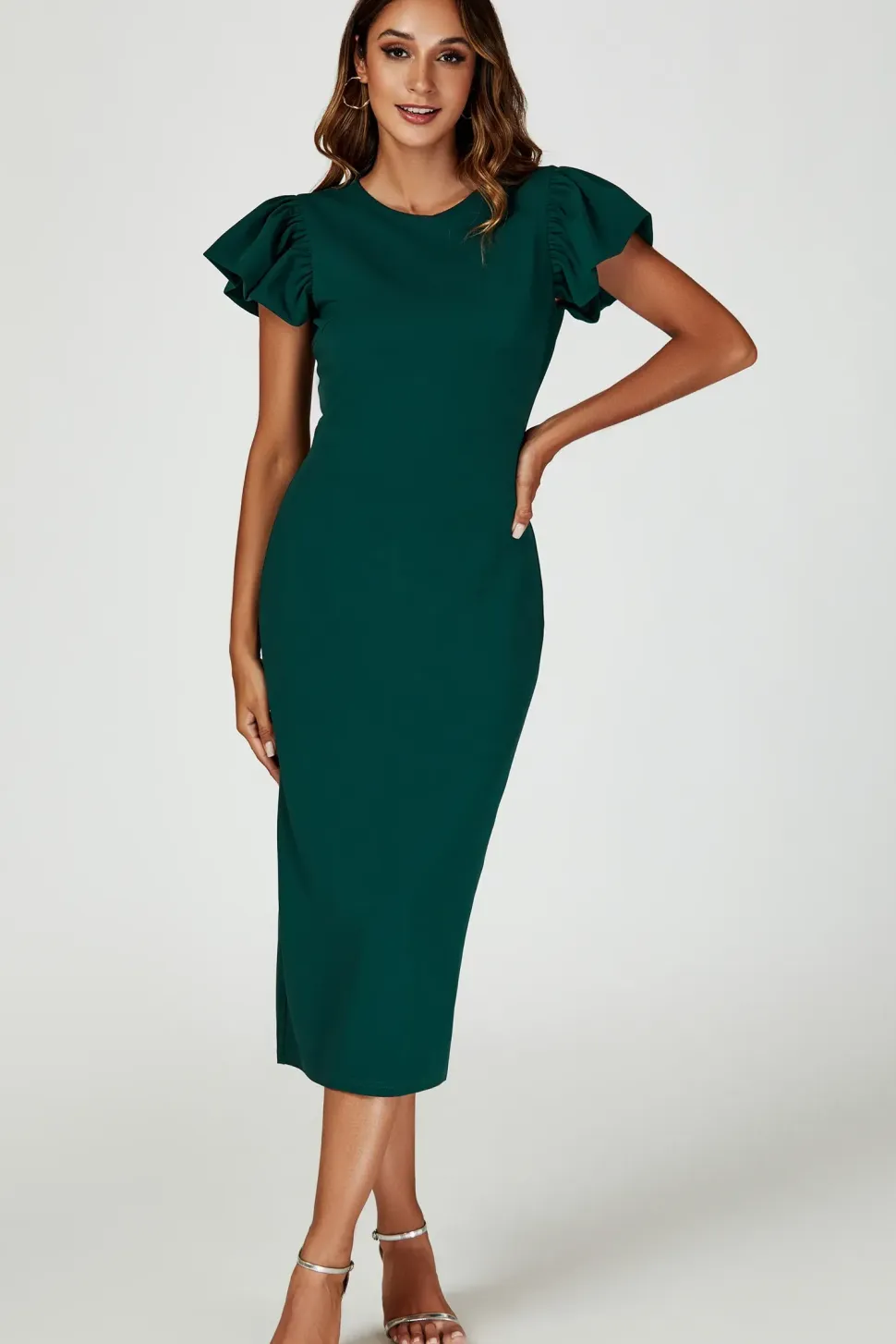 Volume Sleeve Bodycon Midi Dress In Green