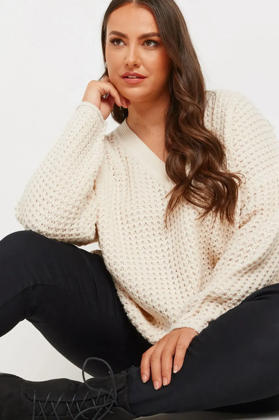 Waffle Knit V-Neck Jumper