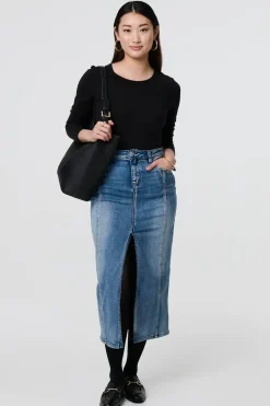 Washed Denim Split Hem Knee Length Skirt