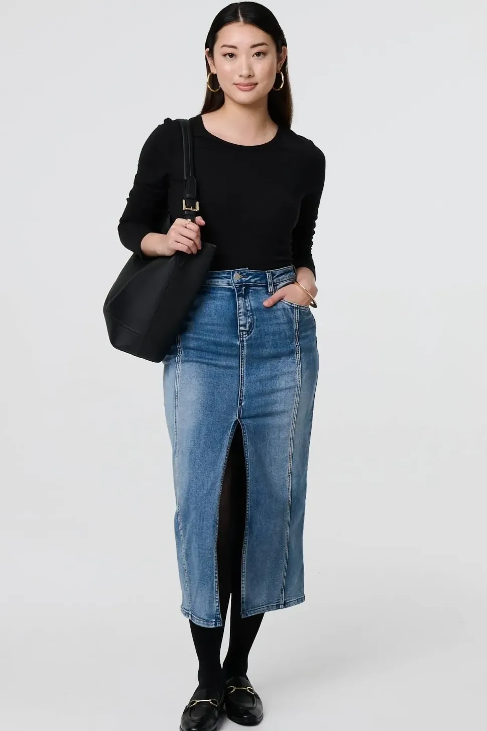 Washed Denim Split Hem Knee Length Skirt