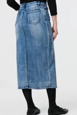 Washed Denim Split Hem Knee Length Skirt
