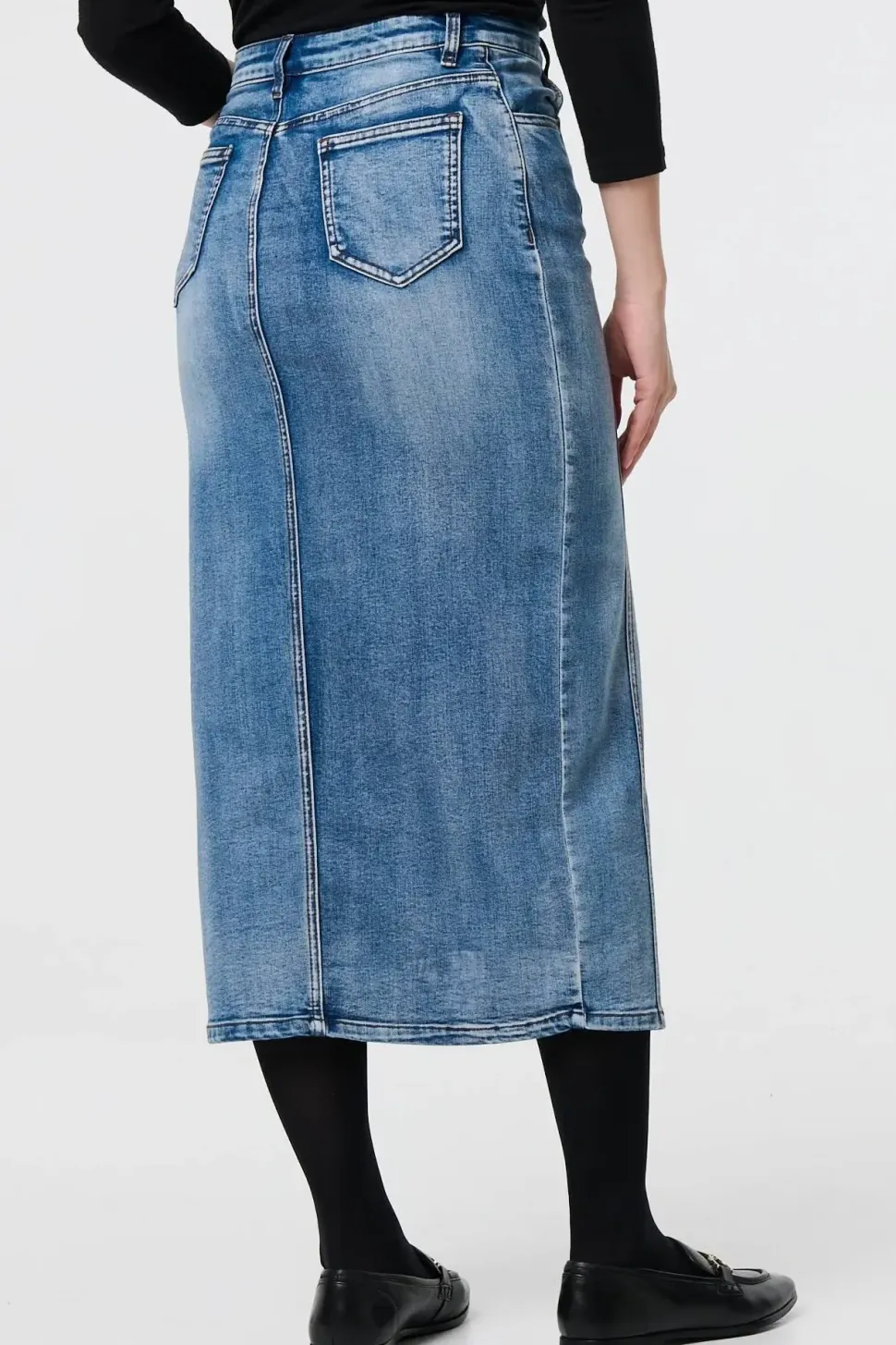Washed Denim Split Hem Knee Length Skirt