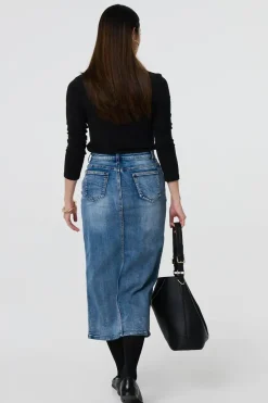 Washed Denim Split Hem Knee Length Skirt
